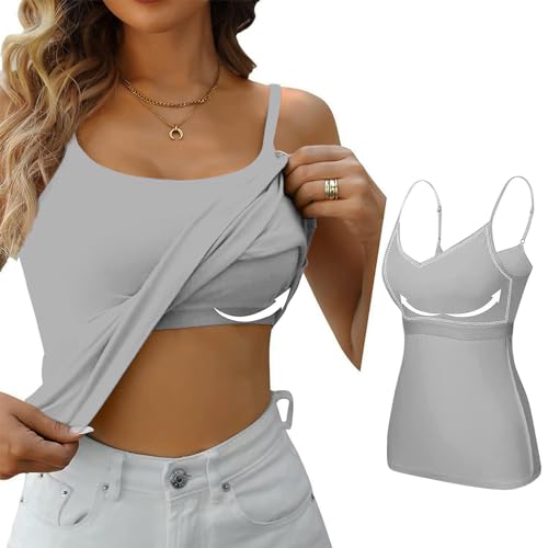 Top Damen Elegant Einfarbig Ärmelloses U-Ausschnitt Spaghetti Top mit Eingebauter BH Gepolstert Verstellbare Spaghettiträger Tank Tops mit Integriertem Lässige Cami Tanks Fitting Yoga BH