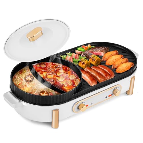 YJINGRUI Elektrischer Hot Pot 2200W Elektrogrill Hot Pot Grill 2 in 1 Hotpot Topf und Grillplatte mit 2 unabhängiger Temperaturregelung für 3-12 Personen