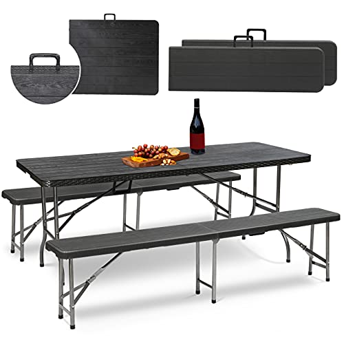 Klappbares Bierzelt-Set mit 2 Bänken und 1 Tisch, 180 cm, tragbar, Campingmöbel, Holzmaserung, perfekt für Partys im Freien und Gartentreffen