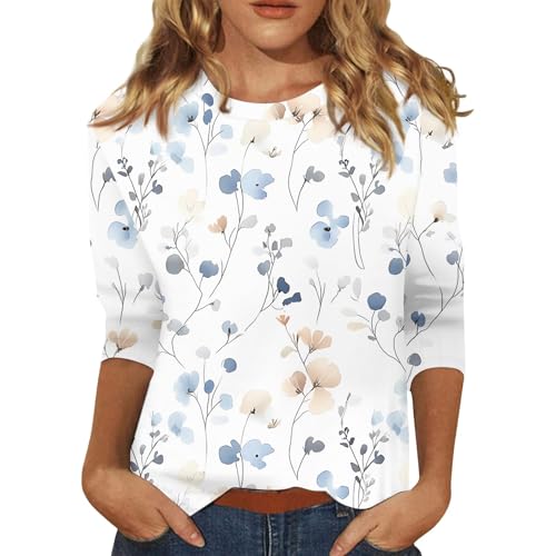 Generisch Lastminite Angebote,Pullover Damen Bunt Tshirt Langarm Damen Damen Bluse Mit Blumenmuster,Lässige 3/4 Ärmel Weiches Material Für Frühling Und Sommer (Weiß,XXL)