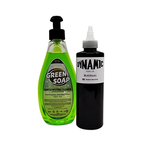 Kit Tattoo Ink Dynamic Black 240 ml (8oz) + Green Soap 500 ml – Schwarze Tinte + Tattoo-Reinigungsseife
