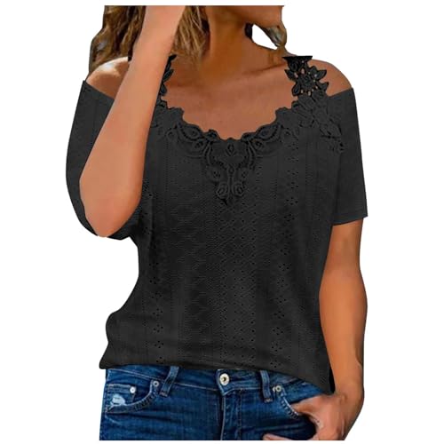 Tunika Damen Sommer Kurzarm Tshirt Modische Spitzenbesatz Bluse Schulterfreies V-Ausschnitt Shirt Floralem Schmetterlingsdruck Oberteile Sexy Schnürung T-Shirt Slim Fit Tops Partywear S-5XL