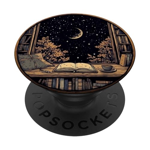 Mond Buch Bücherregal Bibliothek Kaffeetasse Sterne Muster PopSockets mit austauschbarem PopGrip