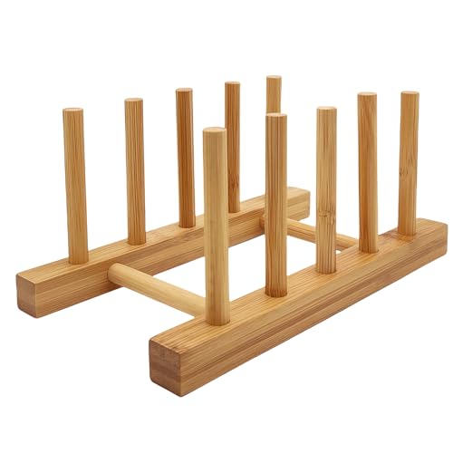 efbock Tellerregal Halter für Küchenschränke Bambus Holz Schneidebrett Tablett Geschirr Rack Ständer Abtropfständer Küchenschrank Organizer für Teller, Tassen, Topfdeckel (1, 4 Steckplätze)