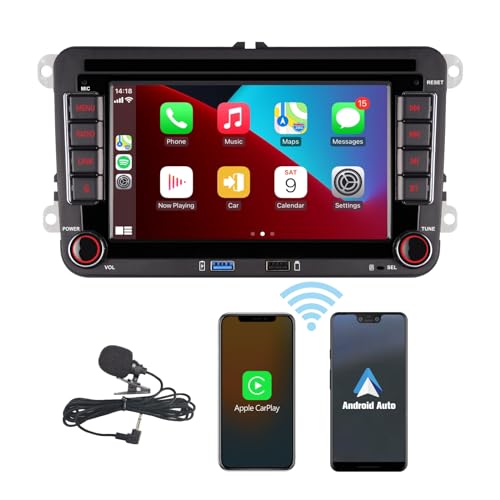 HLLECARMO High Power Double DIN Car Radio Kompatibel mit Wireless Carplay Android Car for VW Golf 5 6 Passat Jetta Caddy EOS T5 Tiguan Touran CC Polo mit 7 Inch Bluetooth/FM/AM Radio/USB/EQ