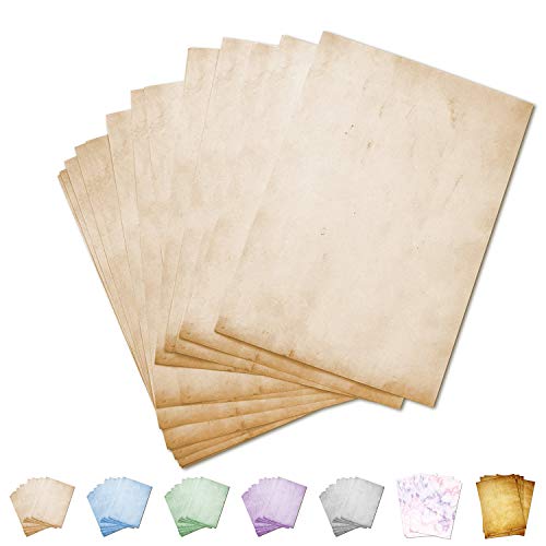 Partycards 50 Blatt Briefpapier Vintage Papier A4 - beidseitig bedruckbar – 90g – Urkunde, Urkundenpapier A4 bedruckbar Optik altes Papier Mittelalterliches Briefpapier, Bastelpapier