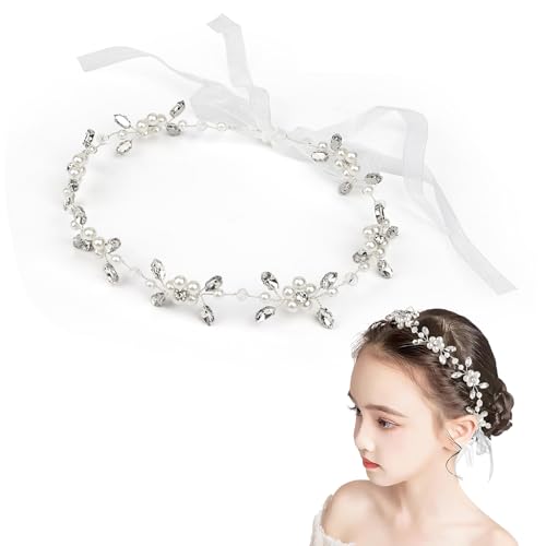Haarreifen Blumenmädchen Mädchen Haarband,Hochzeit Blumenmädchen Haarschmuck, Kinder Haarschmuck, Perle Stirnband,Blumen Haarkranz mit Band,eeignet für Braut Damen, Erstkommunion