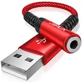 JSAUX USB A auf 3.5mm Klinke Aux Adapter, USB auf Aux Audio Headset Adapter TRRS Stereo USB Externe Soundkarte für PS4, Headset (CTIA/OMTP Standard), Mikrofon, Laptop, PC Rot