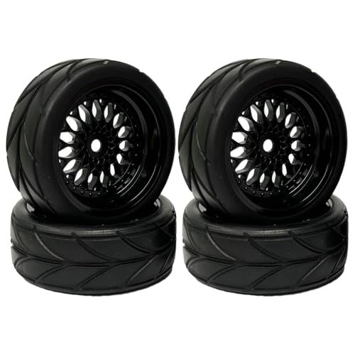 KINGCOO RC Autoreifen und Räder Set, 4Stück 64mm Gummireifen und Kunststoffbeschichtung Felge 12mm Sechskant für 1/10 RC On Road Touring Racing Drift Autoreife (Schwarz, Einpresstiefe 9MM)