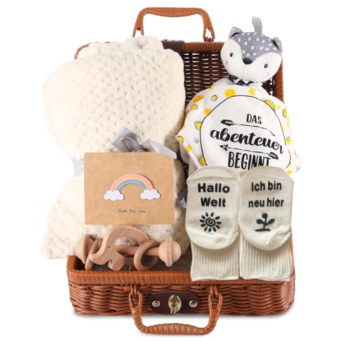 Neugeborenen Geschenk, Rodelna Baby Geschenkset, Baby Geschenk Junge, Baby Geschenk Mädchen, 7 in 1 Set - mit Decke, Schmusebeißtuch, Holzrassel mit Elefantenanhänger, Lätzchen, Socken, Souvenir-Box