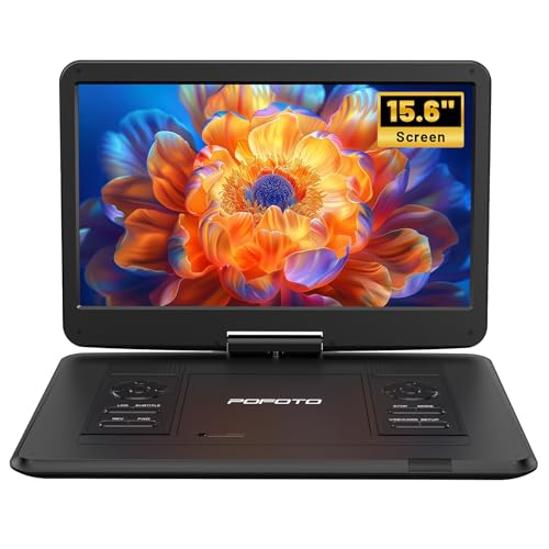 POFOTO 17,5'' Tragbarer DVD-Player mit 15,6'' Drehbarem HD-Display, 6h Akkulaufzeit, Unterstützt Mehrere Formate/SD/USB, Zonenfrei, TV/Projektor-Sync, Stoßfest & Speicherfunktion, Stereo-Lautsprecher
