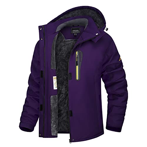 TACVASEN Damen Fleecejacke Kapuze Winter Outdoor Jacke Wasserabweisend Softshelljacken Multi Taschen (L, Dunkelviolett)