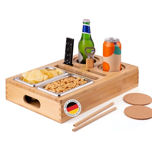 H E L P Y® Couchbar - Sofatablett mit herausnehmbaren Snackschalen - Getränkehalter für Sofa - Organizer für Snacks, Handy, Fernbedienung, Getränke, Flaschenöffner [Bambus] Wichtel