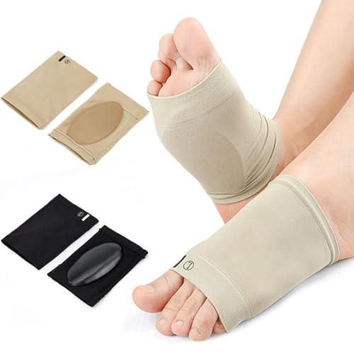 XINIFOOT 2 Paare Kompression Bogen Unterstützung Ärmel mit Gel-Pads, gepolsterte Klammern für Plattfuß Schmerzlinderung, Plantar Fasciitis, und Ferse Sporen (schwarz & Beige)