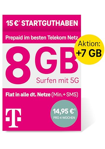 Telekom MagentaMobil Prepaid L SIM-Karte ohne Vertragsbindung, 5G inkl. I 15 GB & Allnet Flat (Min, SMS) in alle dt. Netze + EU-Roaming I Surfen mit 5G/ LTE Max & Hotspot Flat I 15 EUR Startguthaben