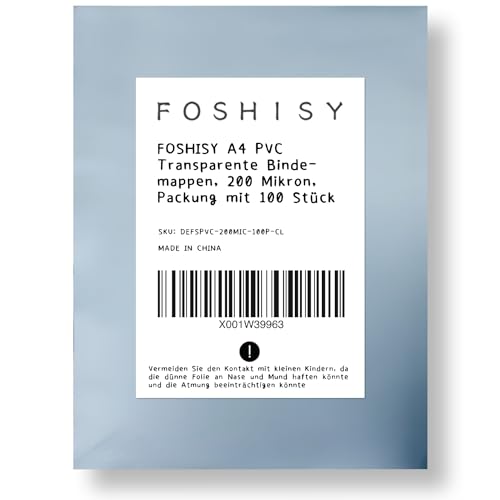 FOSHISY A4 PVC Transparente Folie, Klarsichtfolie, Spiralbindung, Klare Kunststoff-bindungsabdeckungen, Packung mit 100 (200 Mikron, klar, 100P)