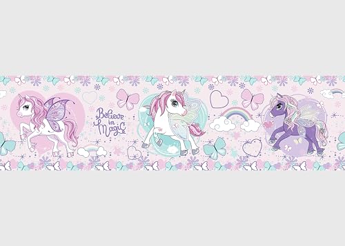 Selbstklebende Bordüre Einhorn AG Design, AWBD 8026 | Selbstklebende Kinderzimmer Wand Aufkleber Dekoration | Wandbordüre für Mädchen und Junge | Folie, Mehrfarbig | Breite 500 cm x Höhe 14 cm