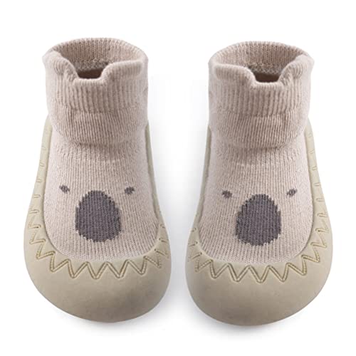 Exemaba Baby Sockenschuhe Rutschfeste Niedlicher Cartoon Weicher Stricken Babybodenschuhe Kleinkind Schuhe 1-Paar(Khaki Waschbär,Tag21/ 6-12M)