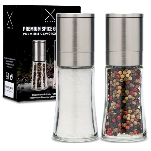 roXro Premium Salz- und Pfeffermühle 2er Set | Stufenlos Verstellbares Keramikmahlwerk | Hochwertiges Edelstahl Gewürzmühlen Set für Salz, Pfeffer & viele weitere Gewürze | Salt & Pepper Grinder