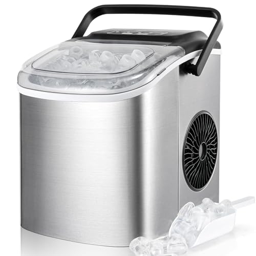 Eiswürfelmaschine Klein, 12,0 kg24H, 9 Eiswürfel in 6 Minuten, 2 Größen von Bullet Ice, Selbstreinigende Eiswürfelbereiter mit Schaufel und Korb, Eiswürfelmaschinen Edelstahl für Zuhause, Büro, Bar