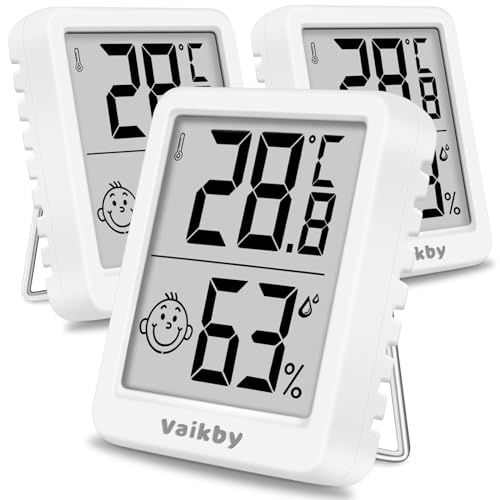 Hygrometer Thermometer Innen Digital Vaikby 3 Stück- Luftfeuchtigkeitsmesser & Raumthermometer, Hohe Präzision, Einfach abzulesen, Energiesparend, für Innenräume wie Wohnzimmer, Schlafzimmer, Büro