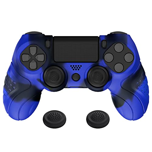 PlayVital Hülle für ps4 Controller,Anti-Rutsche Schutzhülle Case Zubehör Hülle ergonomische Silikonhülle,2 Stück Joystick Caps für ps4 Slim Pro Controller(Guardian Edition,Blau & Schwarz)