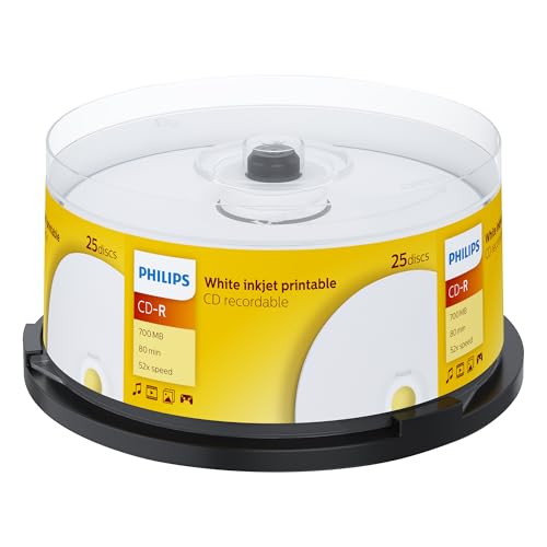 Philips CD-R Rohlinge bedruckbar (700 MB / 80 Minuten, 52x Speed , 25er Spindel, White Inkjet Printable)