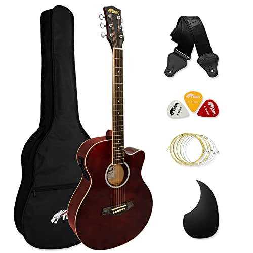 TIGER ACG4-RD Full-Size Elektro-Akustische Gitarre, Paket für Anfänger, mit eingebautem Tuner und EQ - Rot