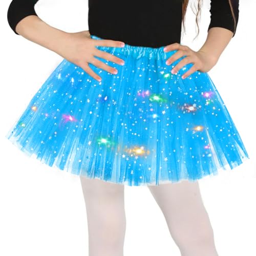 Blau Tüllrock Mädchen, Sterne Pailletten Tanzkleid, Dehnbaren Minirock Mit LED Lichter, 30cm kleine Mädchen Tütü Rock Ballettrock für Fasching Halloween Karneval, Ballett Dress für 3-8 Jahre Kinder