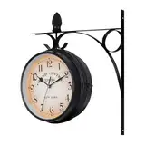 KayEsampra Bahnhofsuhr doppelseitig,Vintage Bahnhofsuhr Doppelseitig Wanduhr, Wasserfest Outdoor Garten Uhr, Bahnhof mit Halterung, Retro Eisen, 29cm, Groß Uhr für Drinnen und Draußen, Schwarz