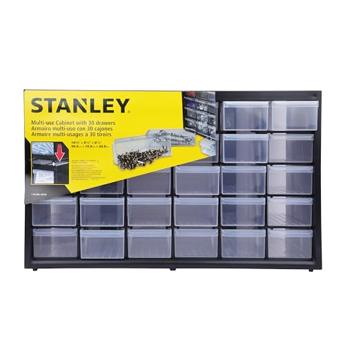 STANLEY Kleinteilemagazin Organizer Sortimentskasten (36.5x15.5x22.5cm, mit 30 Schubladen, bruchfester Kunststoffrahmen, transparente Schubladen, geeignet für Wandmontage) 1-93-980