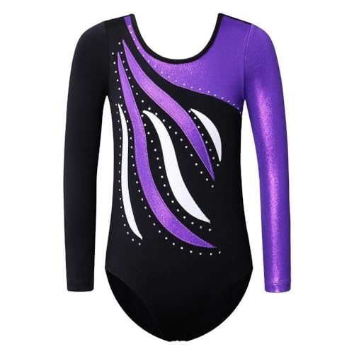 FINGER TEN Gymnastikanzug Mädchen Kurzarm Langarm Kinder Ballettanzug Gymnastik Training Gymnastikbody Trikotanzug Tanz Kleid Ballettkleid (Veilchen, Tag 6A (5-6 Jahre))