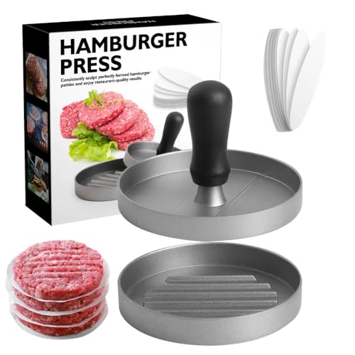 LUPATDY Burgerpresse,Hamburgerpresse Antihaftbeschichtung,Patty Presse mit 100 Blatt Backpapier,Burger Patty Presse für leckere Hamburger, Patties, BBQ, Burger,Metallpresse 12cm
