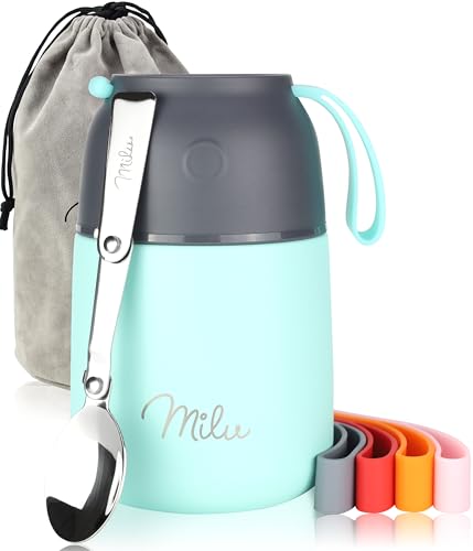 Milu® Thermobehälter 450, 650ml | Edelstahl Warmhaltebehälter | Essensbehälter | Speisegefäß Babynahrung | Essen warmhalten Behälter | Thermo Lunchbox | Müsli to go | Mint, 450ml