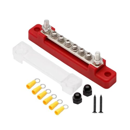 150A Sammelschiene, Sammelschienen Verteilerblock Busbar 2 x M6-Bolzen, 6 x M4-Schraubklemmen, 12V-48V, einreihiger, abgedeckter Erdungsverteilerblock für Auto, Boot, Marine, Caravan, Rot