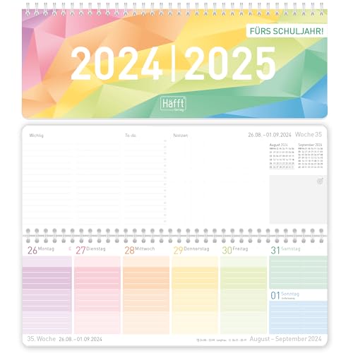 Häfft® Wochen-Tischkalender Schuljahr 2024/2025 [Rainbow] im Quer-Format, 1 Woche auf 2 Seiten | Wochenkalender, Schreibtisch-Kalender Schule | nachhaltig & klimafreundlich