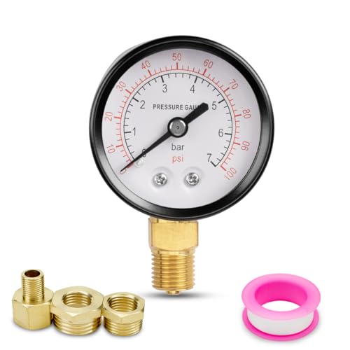 Innfeeltech 1-Pcs 50mm Well Pump Manometer BSP 1/4" 0-7 Bar 0~100 Psi mit 2-Stück Buchse 1/4" zu 3/8", 1/4" zu 1/2" und 1-Stück Hex Nippel Reduzierend 1/4" zu 1/8", ein Teflonband, Radial