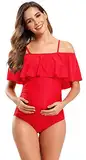 SHEKINI Maternity Einteiliger Badeanzug Damen Rüschen Bandeau Ruched Verstellbarer Bikini Grosse Grössen Umstandsbadeanzug Einteiliger Bikini Schwangerschaft(XX-Large, Rot)