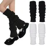 Teaaha 2 Paar Damen Lang Beinwärmer Gestrickte Over-Knee Beinstulpen Winter Crochet Stricken Stulpen Beinstulpen für Herbst und Winter, Weiche und Warme Stulpen für Frauen und Mädchen (schwarz, weiß)