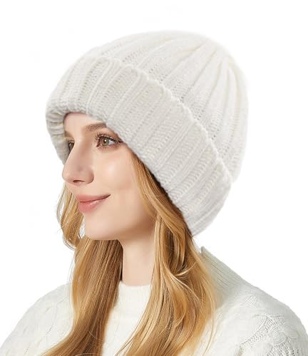 FORVEVO Mütze Damen Winter, Thermo Wintermütze mit Fleece Futter, Warme Beanie Damen, Klassische Strickmütze für Kaltes Wetter(Weiß)