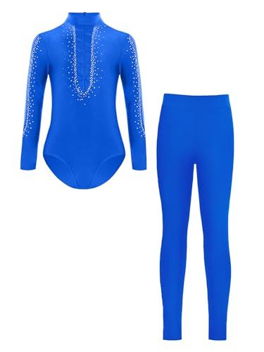 Yruioon Kinder Turnanzug Jungen Glitzer Gymnastikanzug mit Hose Leggings Ganzkörper Trikot Leotard Eiskunstlauf Body Sport Overall Jumpsuit Blau 158-164