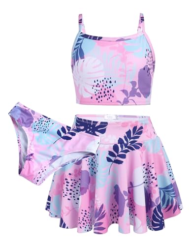 Arshiner Mädchen Bikini Set 3er Sommer Badeanzüge Kinder Dreiteilig Tankini mit Rock Blumendruck Bademode Bikinis für Mädchen 9-10 Jahre