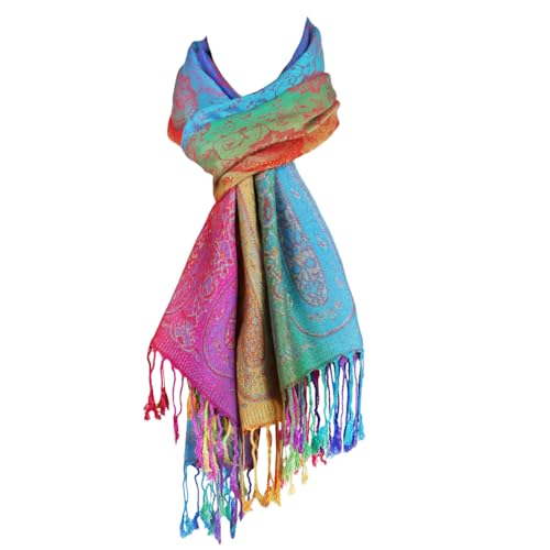 Schal bunt, Damen Stola weich wie Pashmina Schal, XXL Regenbogen bunte Farben, Schal mit Fransen Herbst Winter (Regenbogen)