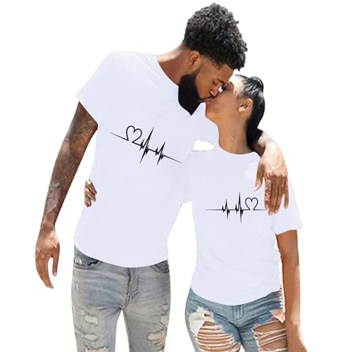 Neon Kleidung Damen Liebes-Elektrokardiogramm-Druck-Rundhalsausschnitt-Kurzarm-Liebhaber-Kleidung für Mädchen Damen Shirt Gestreift (White, XL)