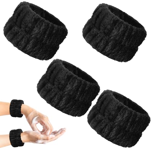 Abeillo 4 Stück Handgelenk Spa Waschband Mikrofaser Gesichtswasch Armbänder Korallen Saugfähiges Armband zum Waschen, Handgelenktücher für Waschen Gesicht und Dusche(Schwarz)