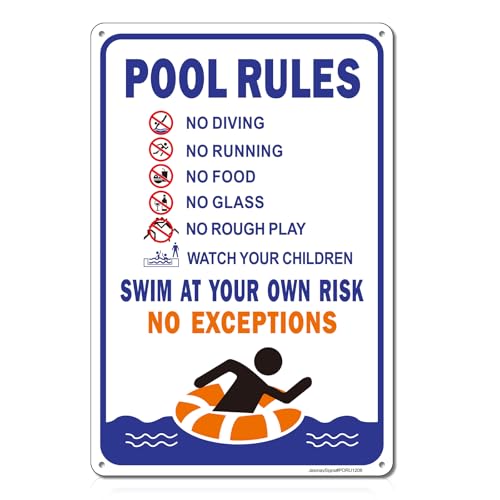 Schild "Pool Rules", "No Diving", "Swim at Your Own Risk", 30,5 x 20,3 cm, rostfreies, reflektierendes Aluminium, lichtbeständig, UV-geschützt, wetterfest, einfach zu montieren