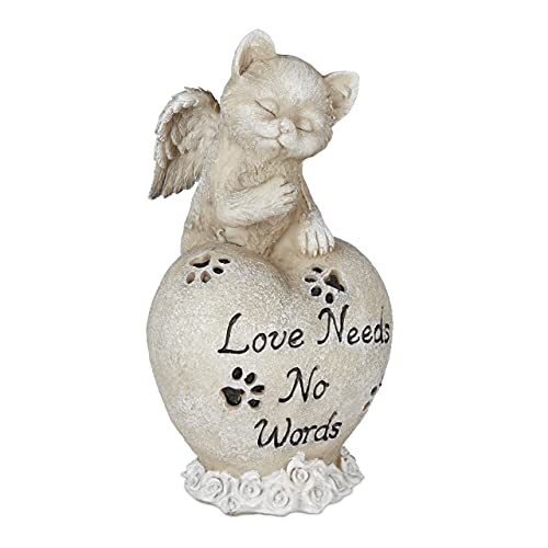 Relaxdays Grabschmuck für Katze, Andenken Tier, Grabstein Herz u. Katzenengel, Katzengedenkstein, wetterfest, Creme
