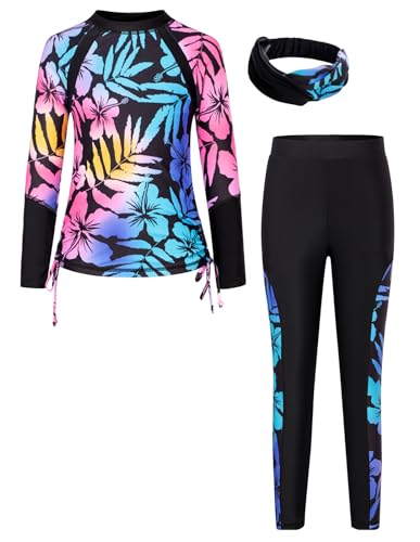 GRACE KARIN Mädchen Rashguard-Set Langarm Sonnenschutz Badeanzug 2-teilig Sommer Swimwear Top Hose Strandkleidung Schwarz Farbverlauf 12-14 Jahre