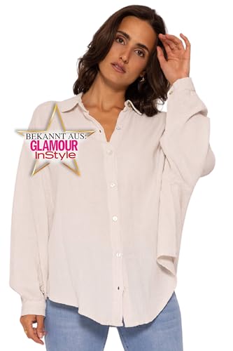 SASSYCLASSY Oversize Musselin Bluse Damen Langarm in Hellbeige - Oversized Freizeit Look - Hemdbluse lang aus Baumwolle mit V Ausschnitt - One Size (Gr. 36-48)