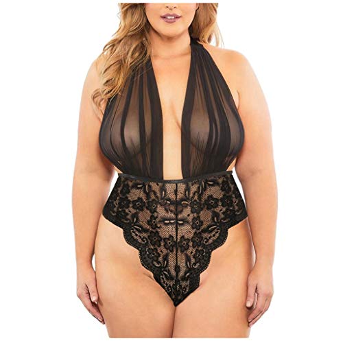 Dessous Body Frauen Bustier Offener Strapse Nachtwäsche Ouvert Perspektive Teddy V-Ausschnitt Dessous Bodysuit Reizwäsche Weihnachten Naughty Neckholder String Pyjama Schwarz #1, 3XL